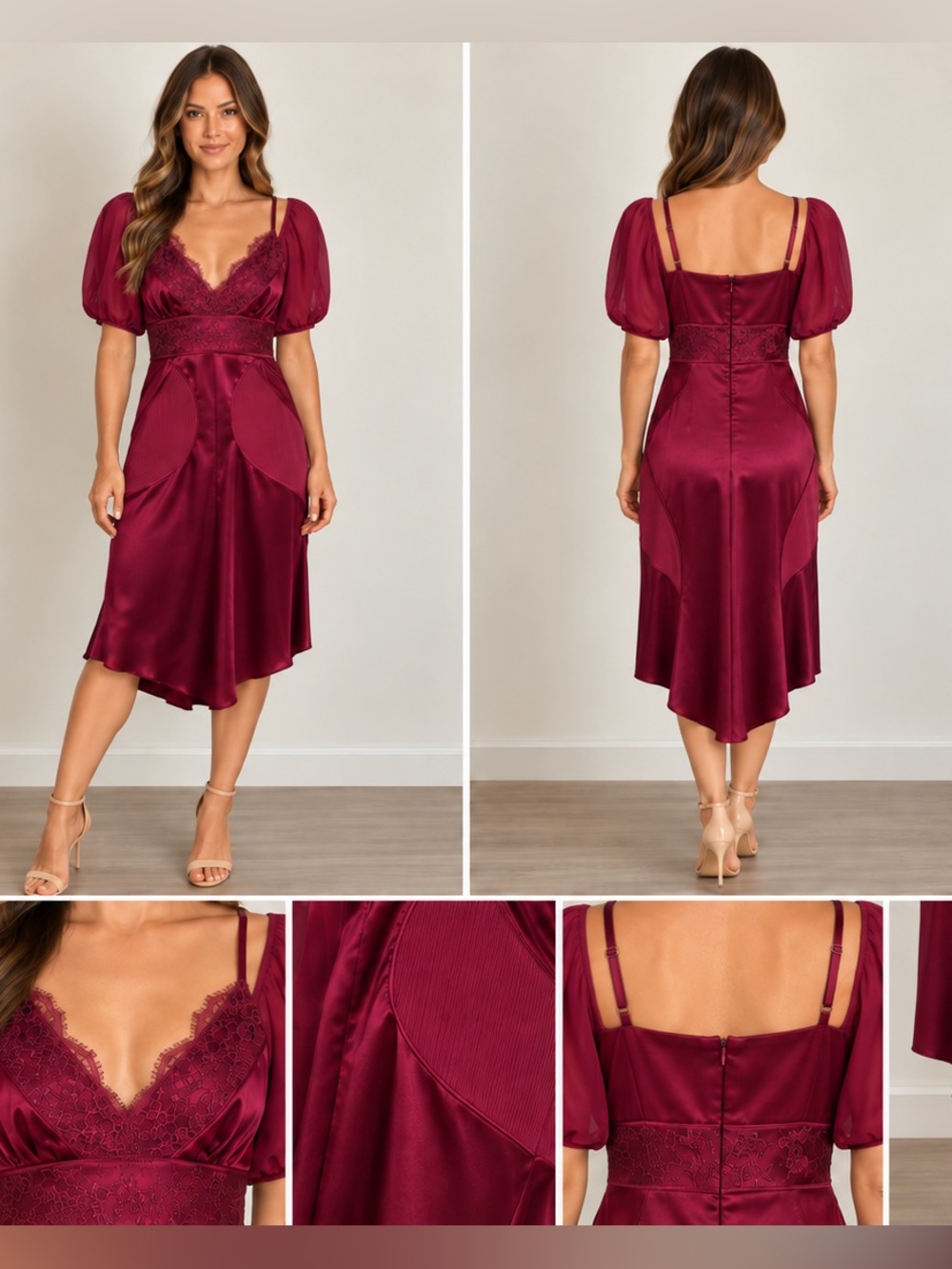 Stunning Silk Burgundy Lace-Trim Dress